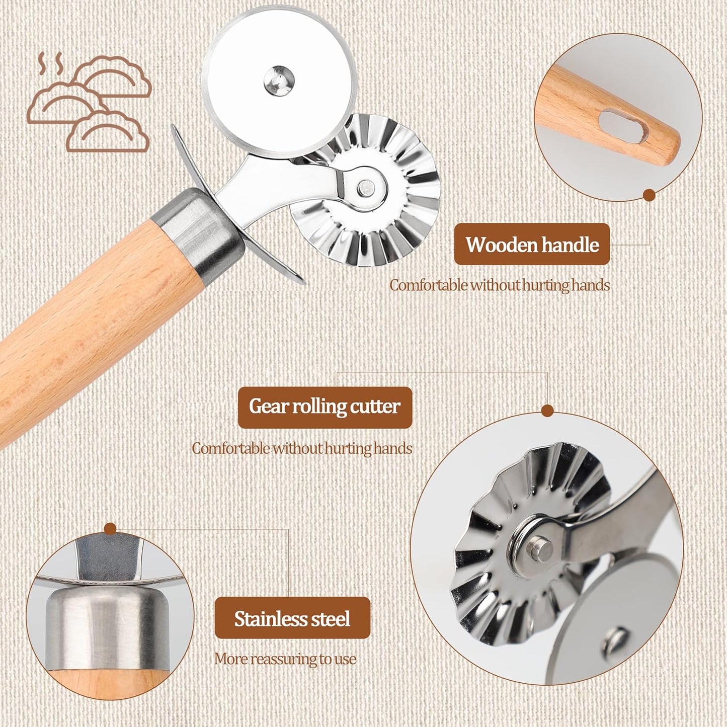 Pastry Cutter Wheel, Crinkle Wheel with Beech Wood Handle | 304 stainless steel crinkle blade, beech wood handle, multi-use for pizza pasta pastry cookie ravioli, 5 variants