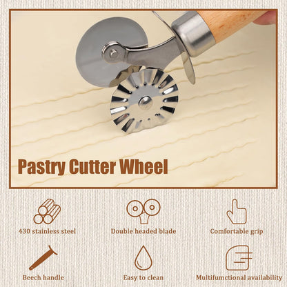 Pastry Cutter Wheel, Crinkle Wheel with Beech Wood Handle | 304 stainless steel crinkle blade, beech wood handle, multi-use for pizza pasta pastry cookie ravioli, 5 variants
