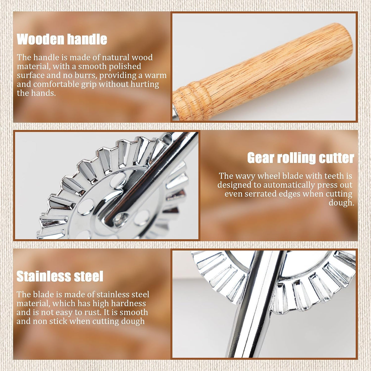 Pastry Cutter Wheel, Crinkle Wheel with Beech Wood Handle | 304 stainless steel crinkle blade, beech wood handle, multi-use for pizza pasta pastry cookie ravioli, 5 variants