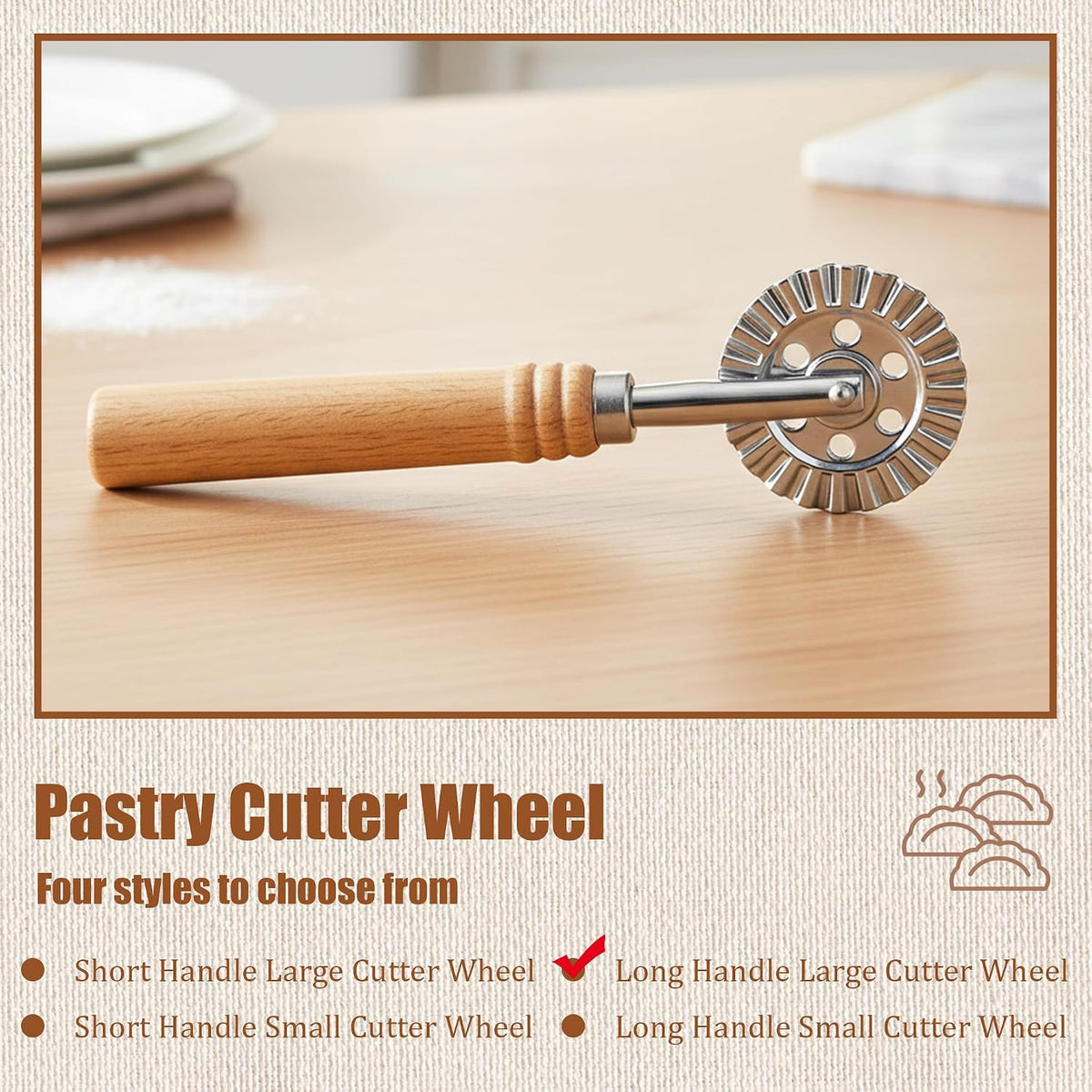 Pastry Cutter Wheel, Crinkle Wheel with Beech Wood Handle | 304 stainless steel crinkle blade, beech wood handle, multi-use for pizza pasta pastry cookie ravioli, 5 variants