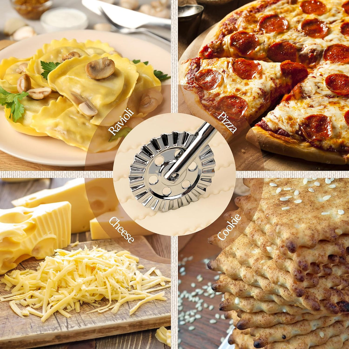 Pastry Cutter Wheel, Crinkle Wheel with Beech Wood Handle | 304 stainless steel crinkle blade, beech wood handle, multi-use for pizza pasta pastry cookie ravioli, 5 variants