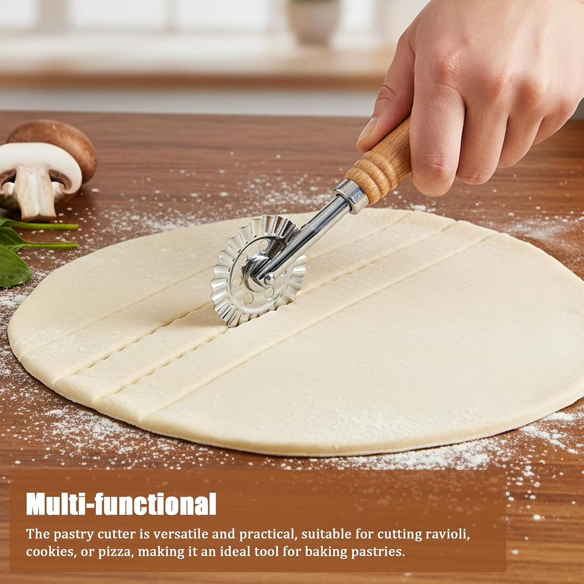 Pastry Cutter Wheel, Crinkle Wheel with Beech Wood Handle | 304 stainless steel crinkle blade, beech wood handle, multi-use for pizza pasta pastry cookie ravioli, 5 variants