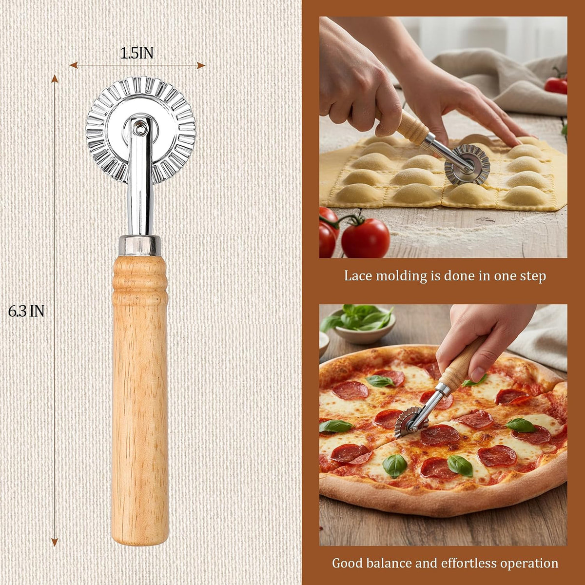 Pastry Cutter Wheel, Crinkle Wheel with Beech Wood Handle | 304 stainless steel crinkle blade, beech wood handle, multi-use for pizza pasta pastry cookie ravioli, 5 variants