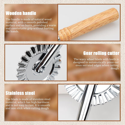 Pastry Cutter Wheel, Crinkle Wheel with Beech Wood Handle | 304 stainless steel crinkle blade, beech wood handle, multi-use for pizza pasta pastry cookie ravioli, 5 variants