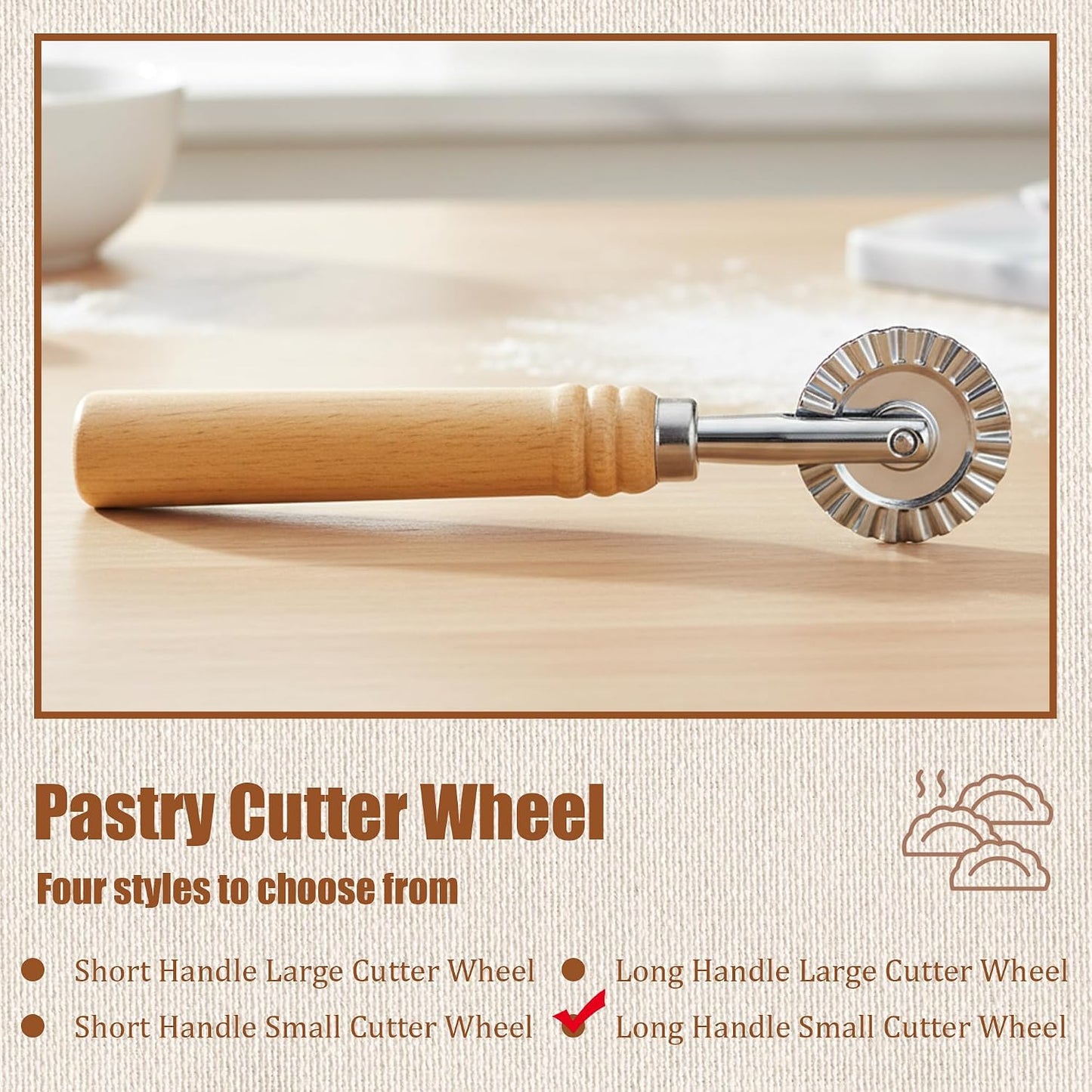 Pastry Cutter Wheel, Crinkle Wheel with Beech Wood Handle | 304 stainless steel crinkle blade, beech wood handle, multi-use for pizza pasta pastry cookie ravioli, 5 variants
