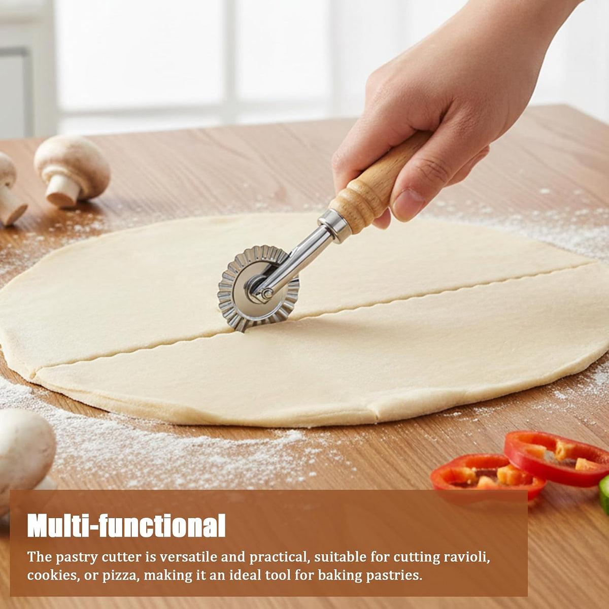 Pastry Cutter Wheel, Crinkle Wheel with Beech Wood Handle | 304 stainless steel crinkle blade, beech wood handle, multi-use for pizza pasta pastry cookie ravioli, 5 variants