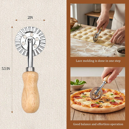 Pastry Cutter Wheel, Crinkle Wheel with Beech Wood Handle | 304 stainless steel crinkle blade, beech wood handle, multi-use for pizza pasta pastry cookie ravioli, 5 variants