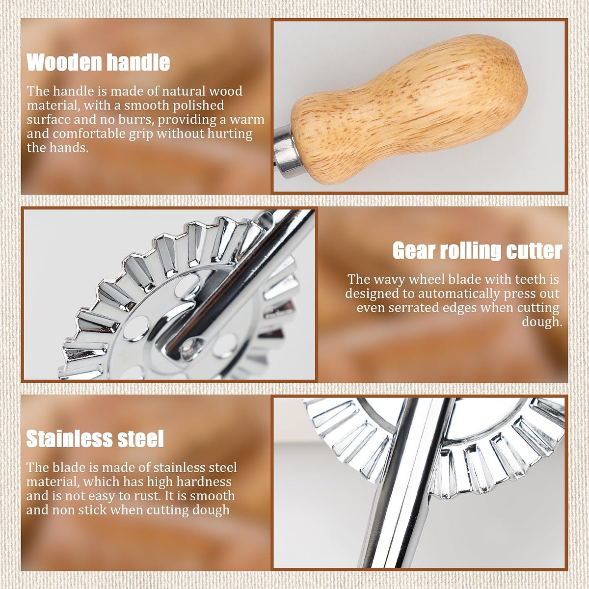 Pastry Cutter Wheel, Crinkle Wheel with Beech Wood Handle | 304 stainless steel crinkle blade, beech wood handle, multi-use for pizza pasta pastry cookie ravioli, 5 variants