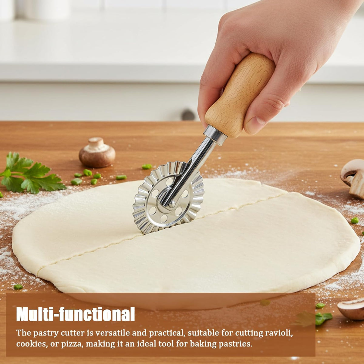 Pastry Cutter Wheel, Crinkle Wheel with Beech Wood Handle | 304 stainless steel crinkle blade, beech wood handle, multi-use for pizza pasta pastry cookie ravioli, 5 variants