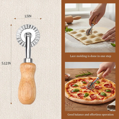 Pastry Cutter Wheel, Crinkle Wheel with Beech Wood Handle | 304 stainless steel crinkle blade, beech wood handle, multi-use for pizza pasta pastry cookie ravioli, 5 variants