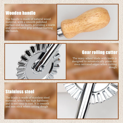Pastry Cutter Wheel, Crinkle Wheel with Beech Wood Handle | 304 stainless steel crinkle blade, beech wood handle, multi-use for pizza pasta pastry cookie ravioli, 5 variants