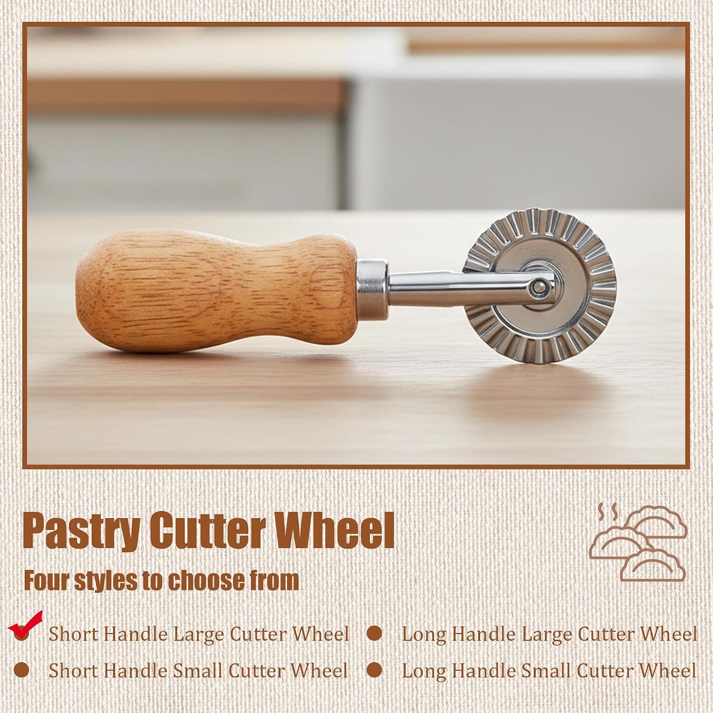 Pastry Cutter Wheel, Crinkle Wheel with Beech Wood Handle | 304 stainless steel crinkle blade, beech wood handle, multi-use for pizza pasta pastry cookie ravioli, 5 variants