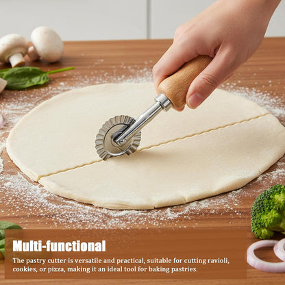 Pastry Cutter Wheel, Crinkle Wheel with Beech Wood Handle | 304 stainless steel crinkle blade, beech wood handle, multi-use for pizza pasta pastry cookie ravioli, 5 variants
