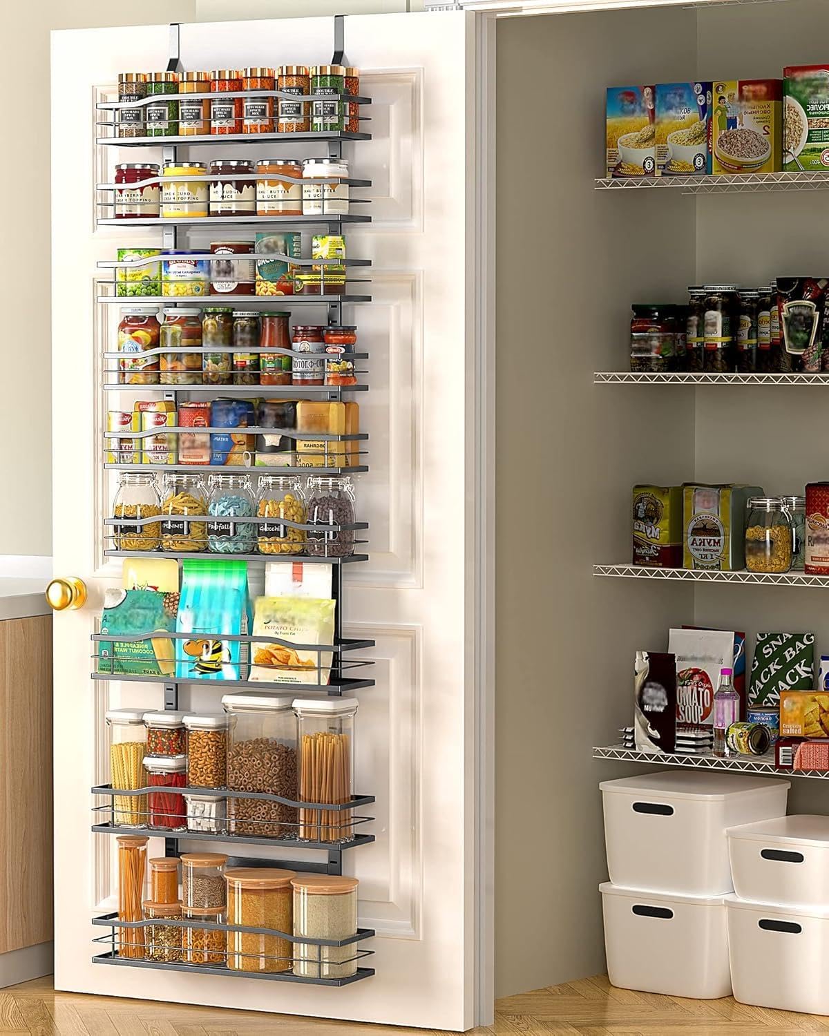 9-Tier Over The Door Pantry Organizer, Pantry Organization and Storage, Black Hanging Basket Wall Spice Rack Seasoning Shelves, Home & Kitchen Bedroom Bathroom House Essentials
