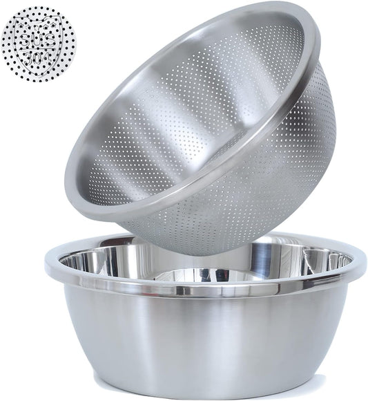 304 Stainless Steel Fine Mesh Colander Set, 2QT Large Capacity Strainer with Mixing Bowl — Rinse Fruits, Veggies, Rice & Drain Pasta, Dishwasher Safe (2-Piece)