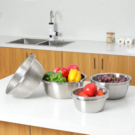 304 Stainless Steel Fine Mesh Colander Set, 2QT Large Capacity Strainer with Mixing Bowl — Rinse Fruits, Veggies, Rice & Drain Pasta, Dishwasher Safe (2-Piece)