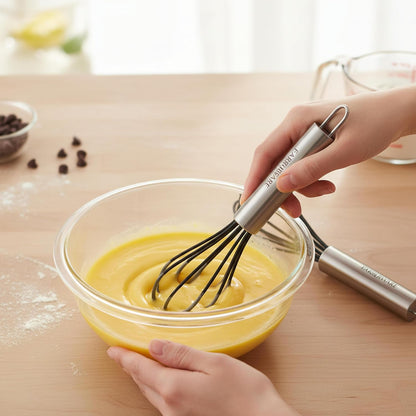 Professional Silicone Mini Whisk Set – Pack of 2 Heat-Resistant Egg Beaters for Sauces, Batters & Whipping, 7" & 9" Stainless Steel Handles, Non-Stick Design for Baking & Cooking (Black)