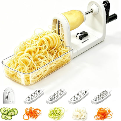 2-in-1 Manual Veggie Spiralizer, Stainless Steel Zoodle Slicer Shredder | 4 stainless steel blades with storage caddy, BPA-free plastic, non-slip base, hand crank for easy low-carb vegetable prep