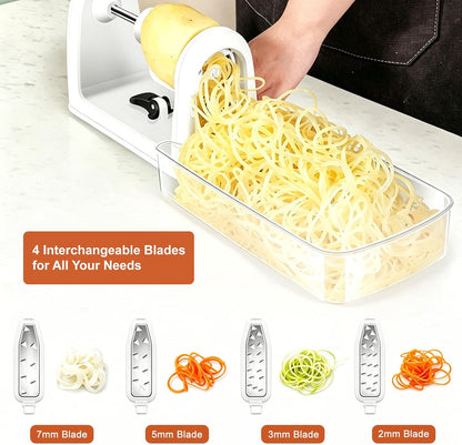 2-in-1 Manual Veggie Spiralizer, Stainless Steel Zoodle Slicer Shredder | 4 stainless steel blades with storage caddy, BPA-free plastic, non-slip base, hand crank for easy low-carb vegetable prep