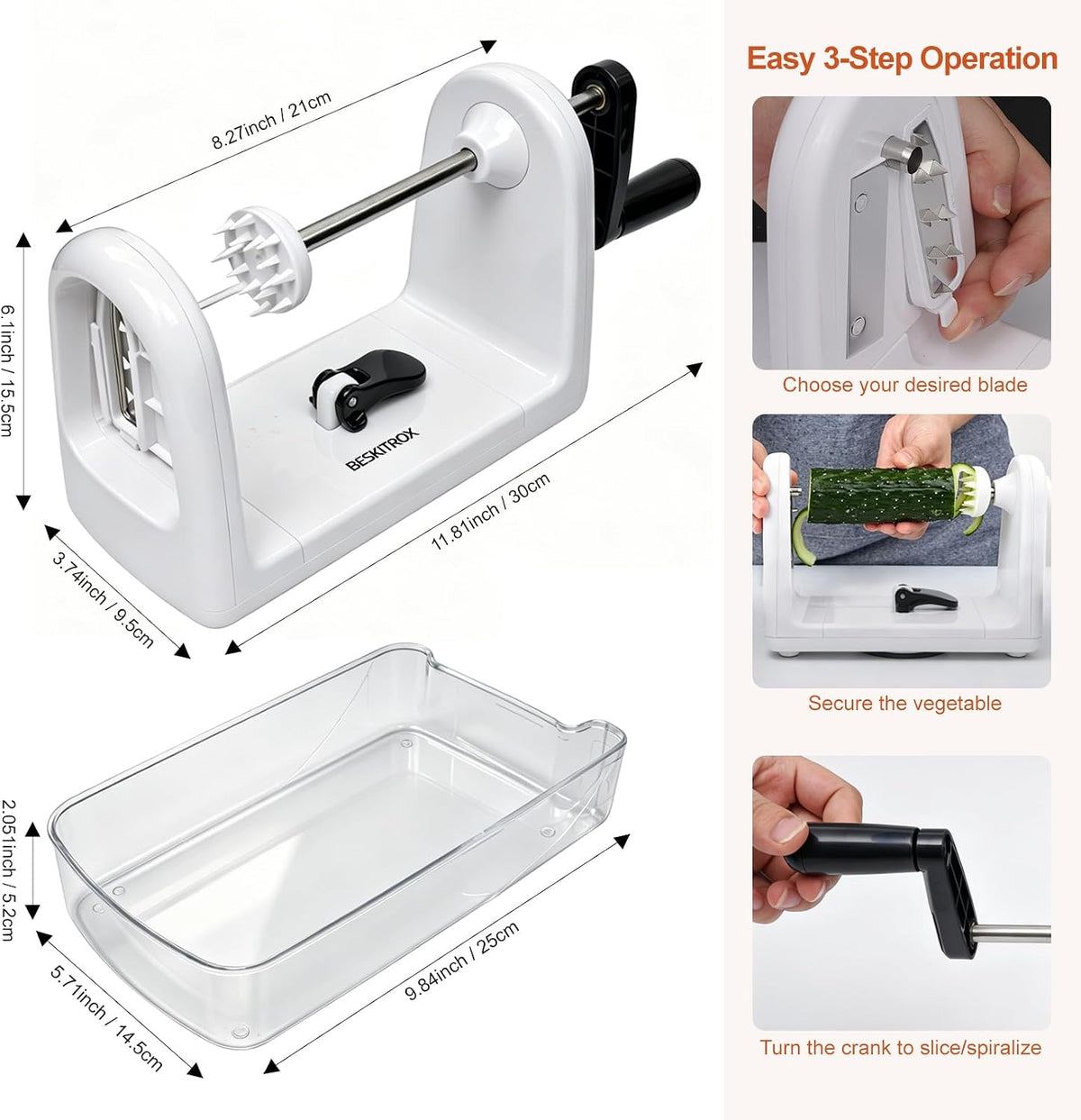 2-in-1 Manual Veggie Spiralizer, Stainless Steel Zoodle Slicer Shredder | 4 stainless steel blades with storage caddy, BPA-free plastic, non-slip base, hand crank for easy low-carb vegetable prep
