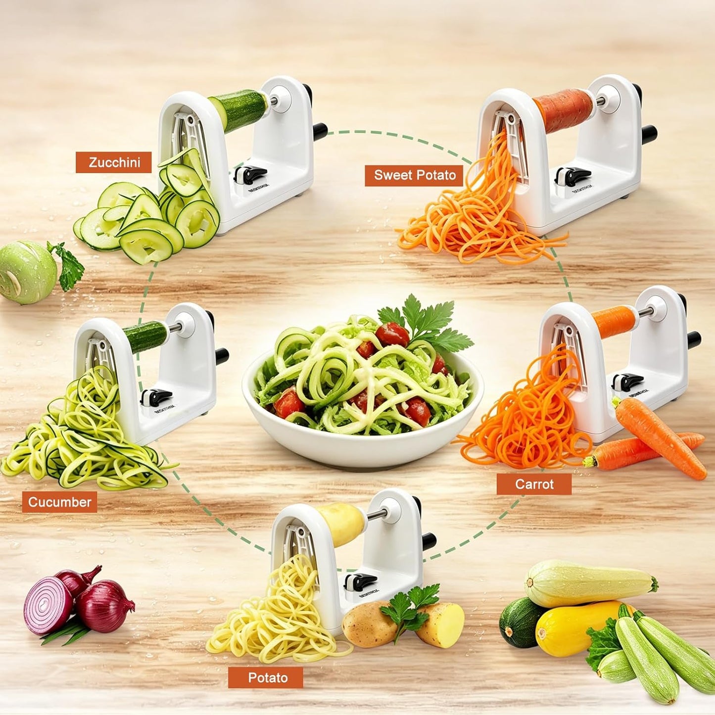 2-in-1 Manual Veggie Spiralizer, Stainless Steel Zoodle Slicer Shredder | 4 stainless steel blades with storage caddy, BPA-free plastic, non-slip base, hand crank for easy low-carb vegetable prep