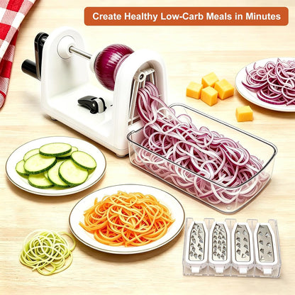 2-in-1 Manual Veggie Spiralizer, Stainless Steel Zoodle Slicer Shredder | 4 stainless steel blades with storage caddy, BPA-free plastic, non-slip base, hand crank for easy low-carb vegetable prep