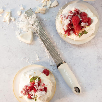 Zester Grater in Cashmere Beige for Citrus Fruits, Hard Cheese, Ginger, Chocolate and Nutmeg with Fine Stainless Steel Blade - Made in USA