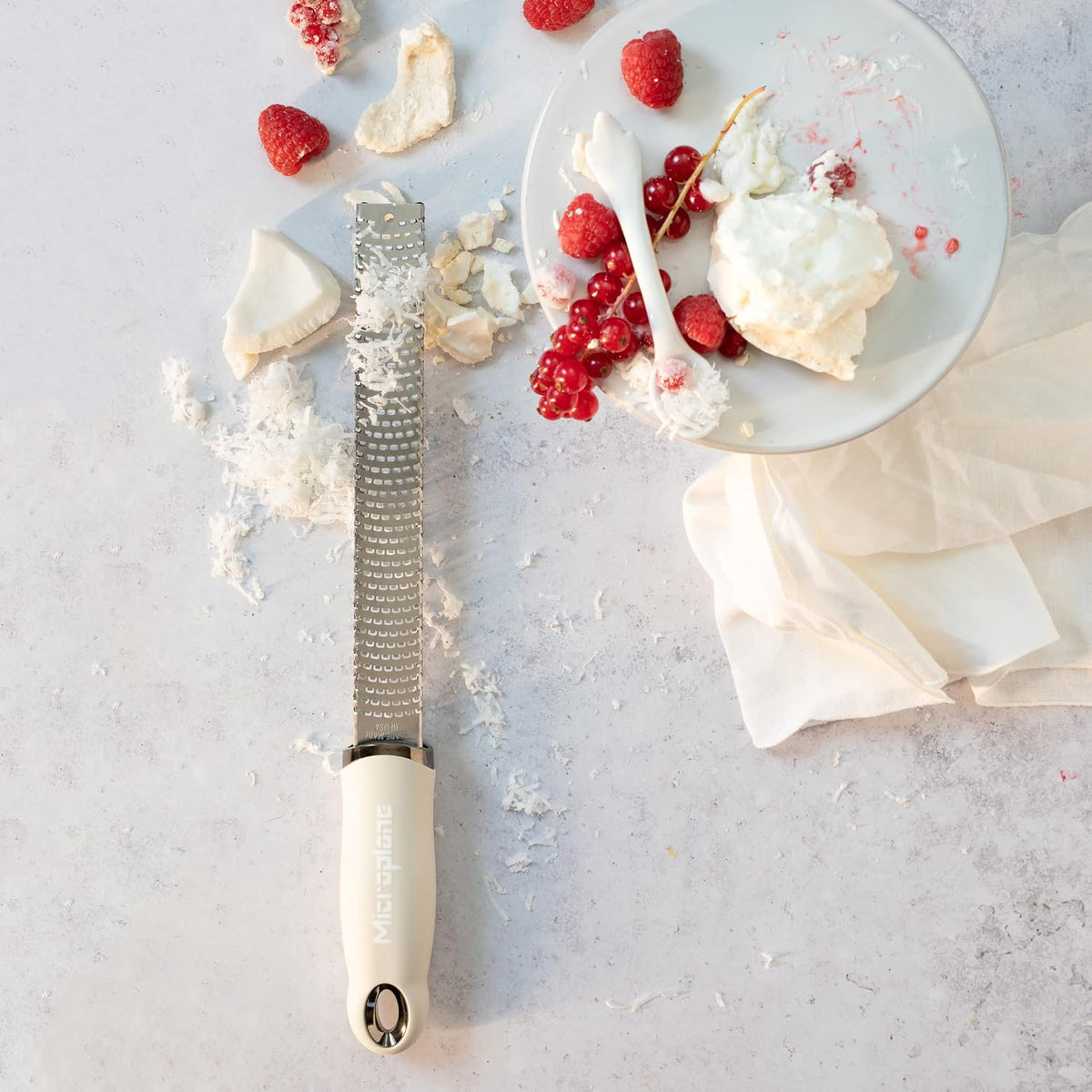 Zester Grater in Cashmere Beige for Citrus Fruits, Hard Cheese, Ginger, Chocolate and Nutmeg with Fine Stainless Steel Blade - Made in USA