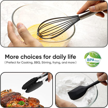 3PCS Silicone Cooking Utensil Set,Non Stick Kitchen Tool, Black
