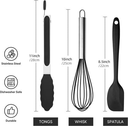 3PCS Silicone Cooking Utensil Set,Non Stick Kitchen Tool, Black