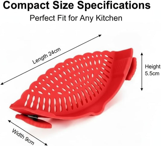 Imaginovelty Clip On Pot Strainer, Silicone, Red | Heat Resistant, Fits All Pots and Bowls, Hands-Free Drain, For Spaghetti, Vegetables, Fruit