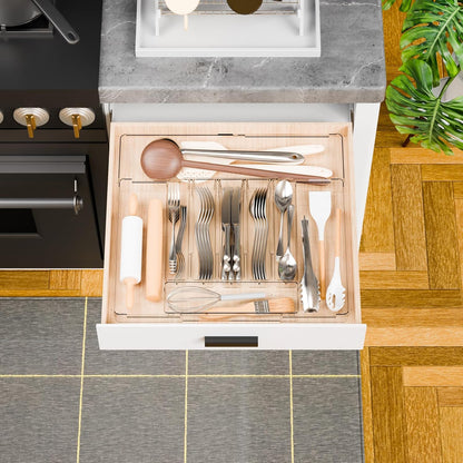 Acrylic Clear Expandable Kitchen Utensil Drawer Organizer and Silverware Organizer,BPA FREE Adjustable Silverware Tray for Drawer Cutlery,Spatula,Tools,Flatware Organizers,Fork and Spoon Holder