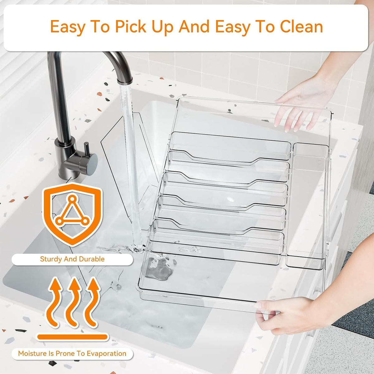Acrylic Clear Expandable Kitchen Utensil Drawer Organizer and Silverware Organizer,BPA FREE Adjustable Silverware Tray for Drawer Cutlery,Spatula,Tools,Flatware Organizers,Fork and Spoon Holder