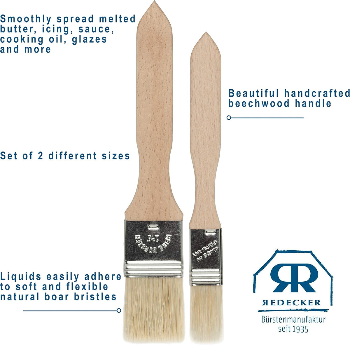 Pastry Brushes Set with Untreated Beechwood Handles, 4 Different Sizes, Multi-purpose Brushes with Natural Boar Bristles for Basting, Glazing and More, Made in Germany