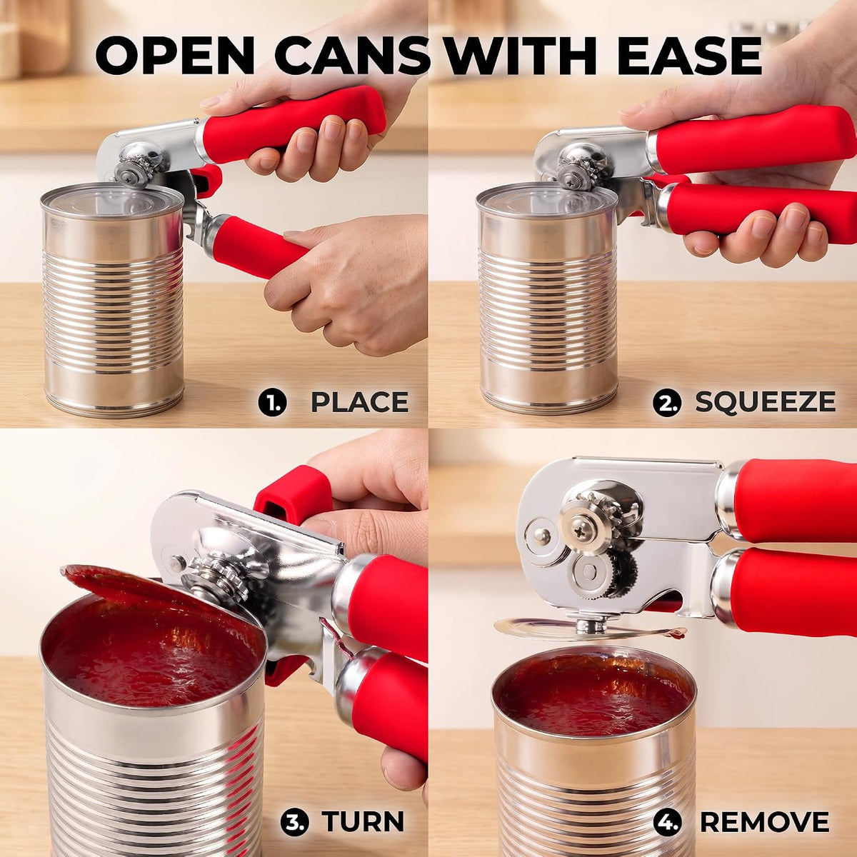 Manual Can Opener Heavy Duty Patented Stainless Steel, Ruby - Colors A