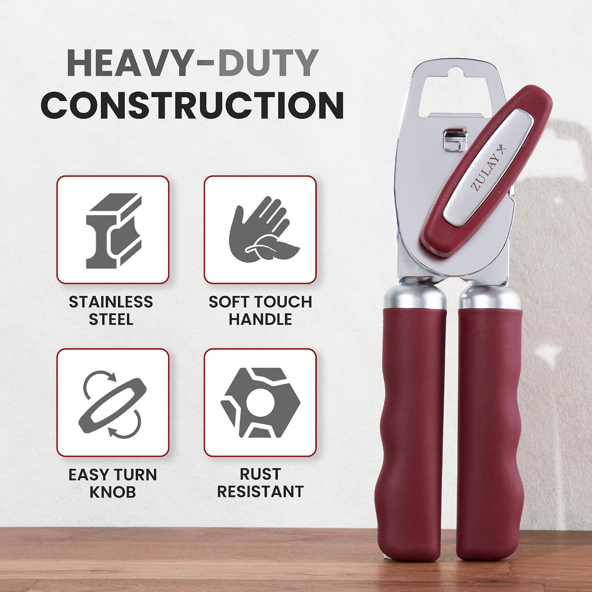 Manual Can Opener Heavy Duty Patented Stainless Steel, Ruby - Colors A