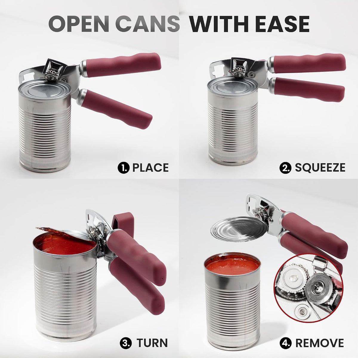 Manual Can Opener Heavy Duty Patented Stainless Steel, Ruby - Colors A