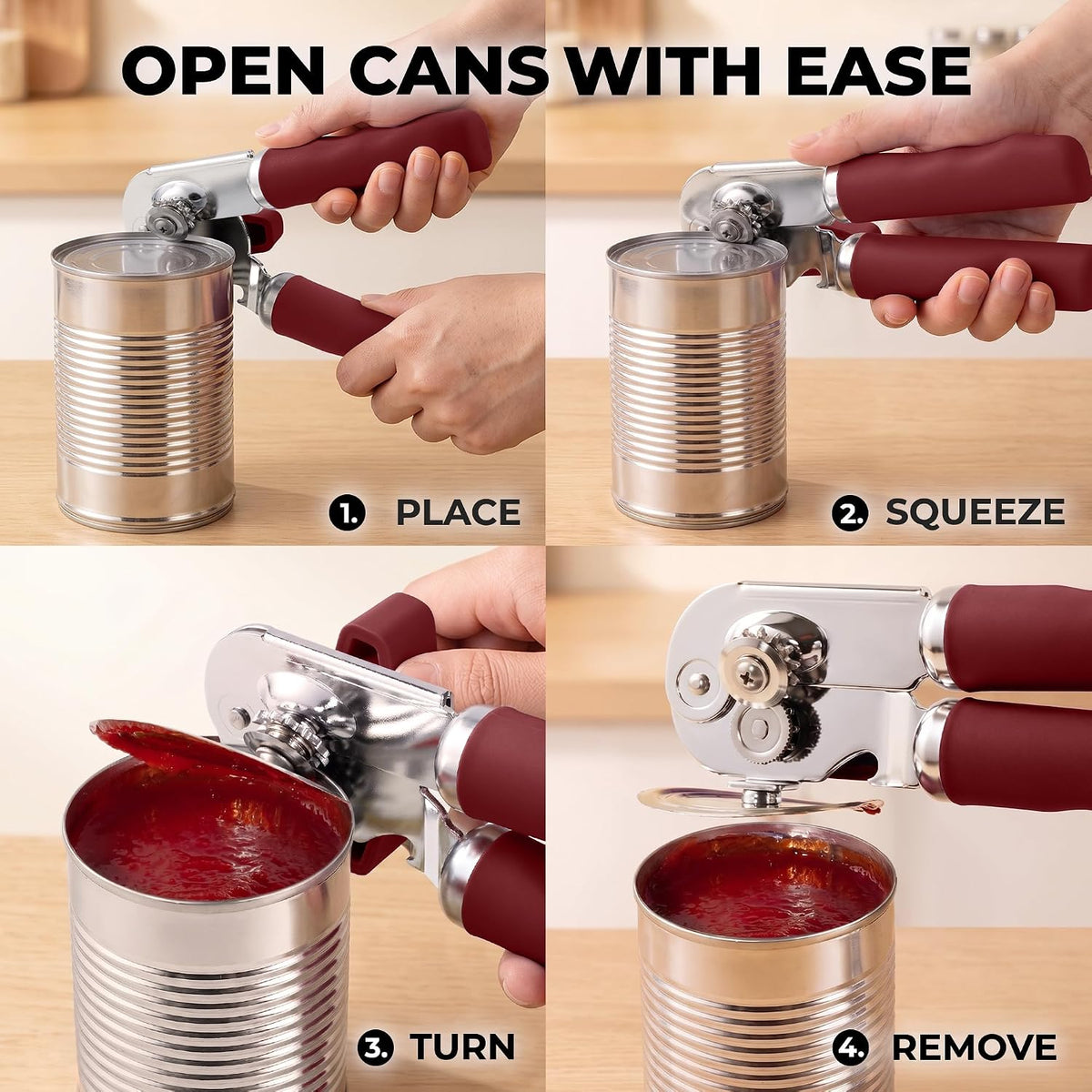 Manual Can Opener Heavy Duty Patented Stainless Steel, Ruby - Colors A