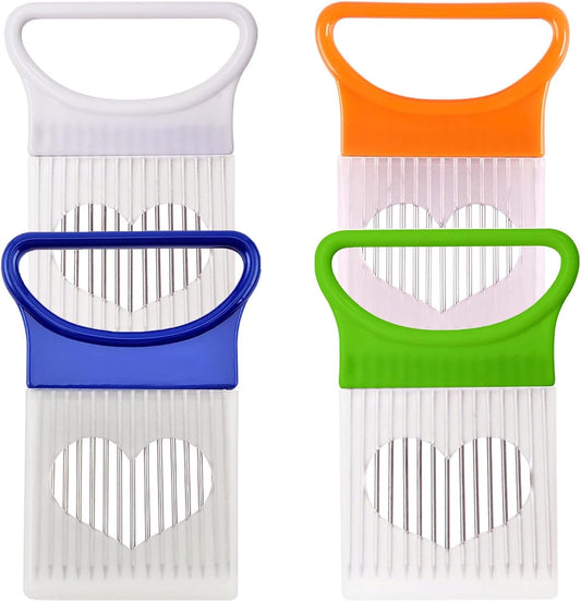 4pcs Onion Holder Slicer Stainless Steel Onion Slicer Tool for Lemon | Onion Cutter with Cover Vegetable Chopper Tomato Potato Onion Slicer Food Slicer Assistant Tool for Slicing Lemon Fruit Meat