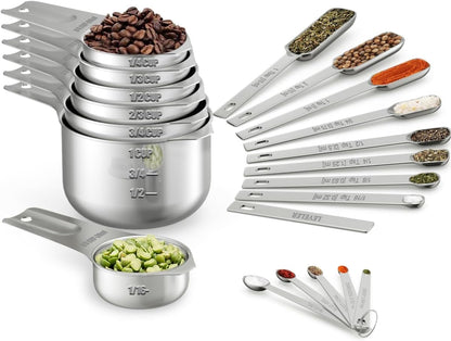 Measuring Cups & Spoons Set of 21 - Includes 7 Stainless Steel Nesting Cups, 8 Measuring Spoons, 1 Leveler & 5 Mini Measuring Spoons, Ideal for Dry and Liquid Ingredients