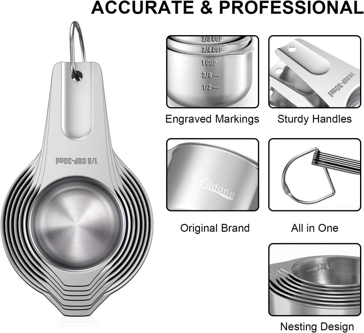 Measuring Cups & Spoons Set of 21 - Includes 7 Stainless Steel Nesting Cups, 8 Measuring Spoons, 1 Leveler & 5 Mini Measuring Spoons, Ideal for Dry and Liquid Ingredients