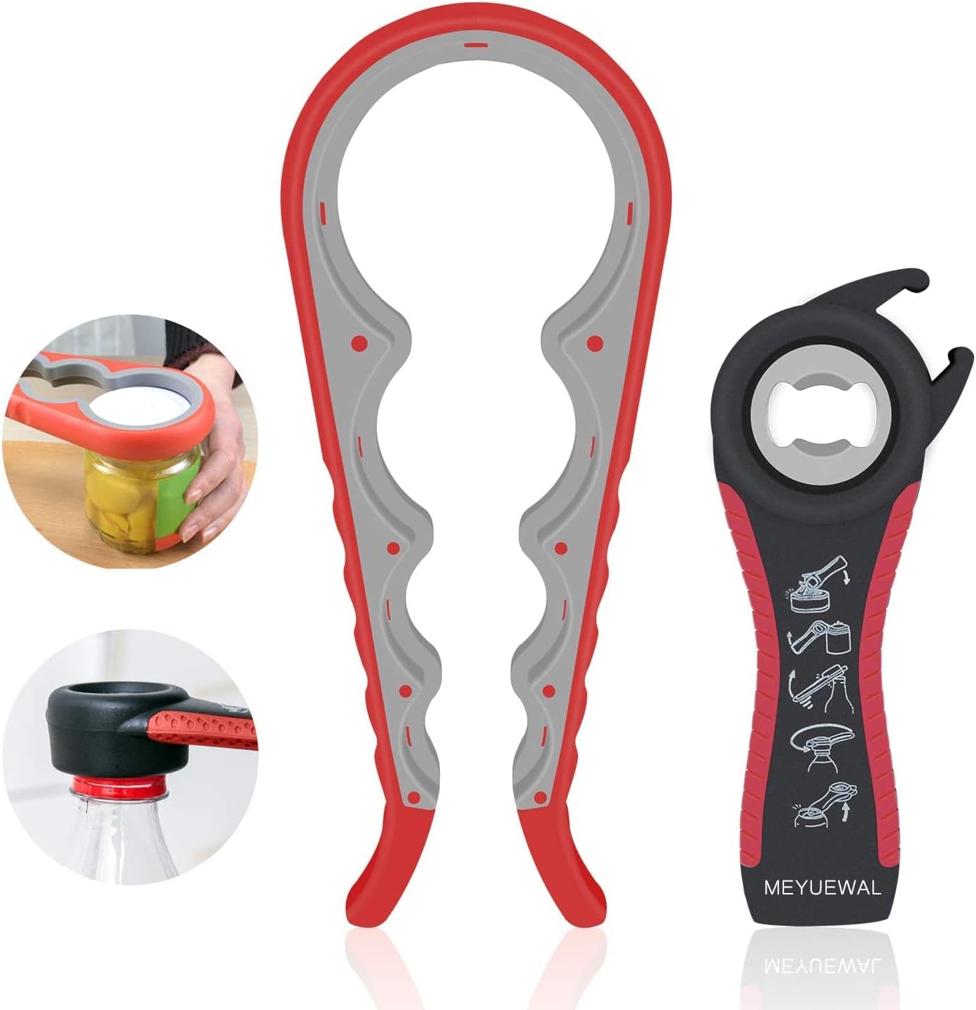 6 in 1 Lid Opener - Bottle, Jar, & Can Opener for Seniors with Arthritis or Weak Hands - Heavy Duty & Smooth Edge, Red