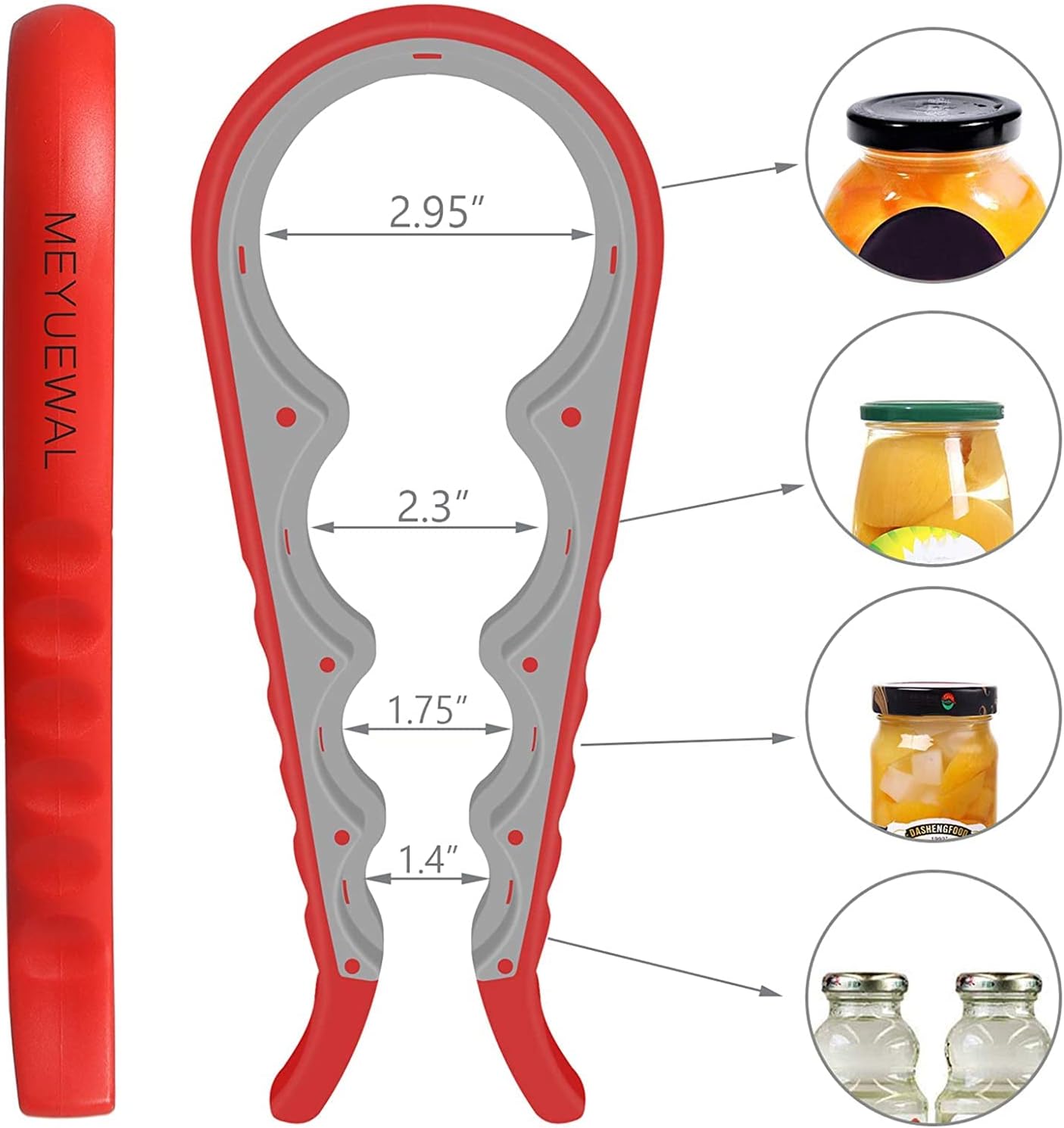 6 in 1 Lid Opener - Bottle, Jar, & Can Opener for Seniors with Arthritis or Weak Hands - Heavy Duty & Smooth Edge, Red
