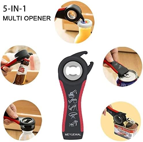 6 in 1 Lid Opener - Bottle, Jar, & Can Opener for Seniors with Arthritis or Weak Hands - Heavy Duty & Smooth Edge, Red