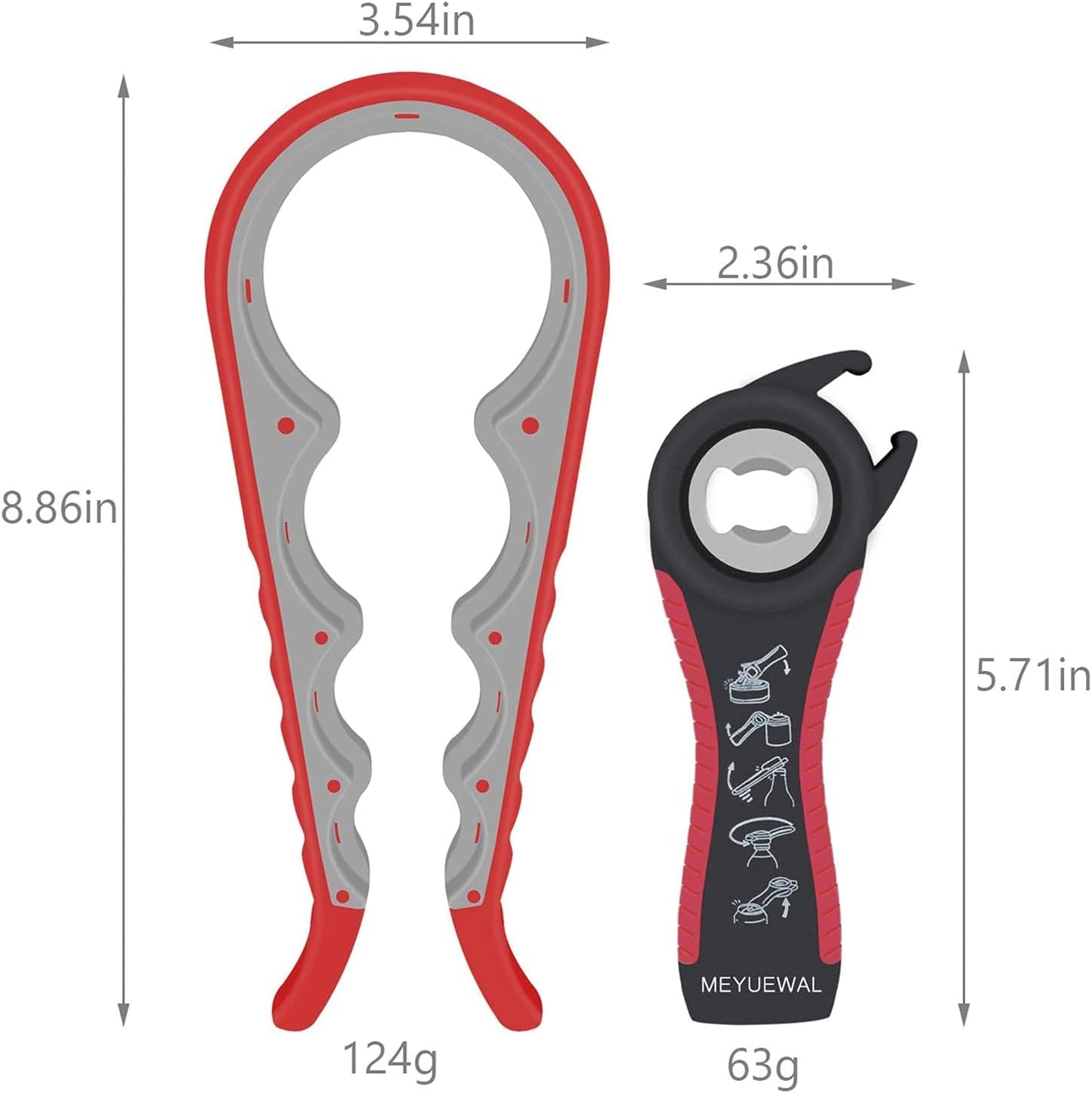 6 in 1 Lid Opener - Bottle, Jar, & Can Opener for Seniors with Arthritis or Weak Hands - Heavy Duty & Smooth Edge, Red