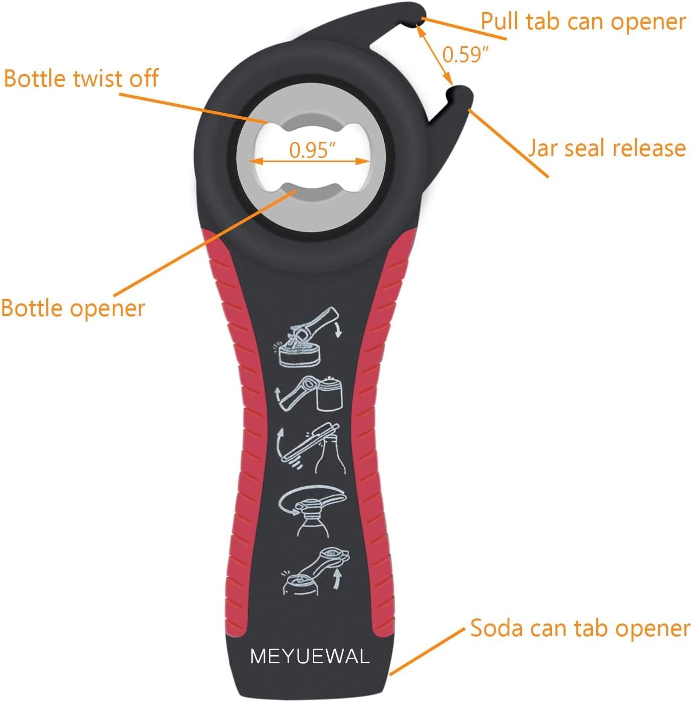 6 in 1 Lid Opener - Bottle, Jar, & Can Opener for Seniors with Arthritis or Weak Hands - Heavy Duty & Smooth Edge, Red