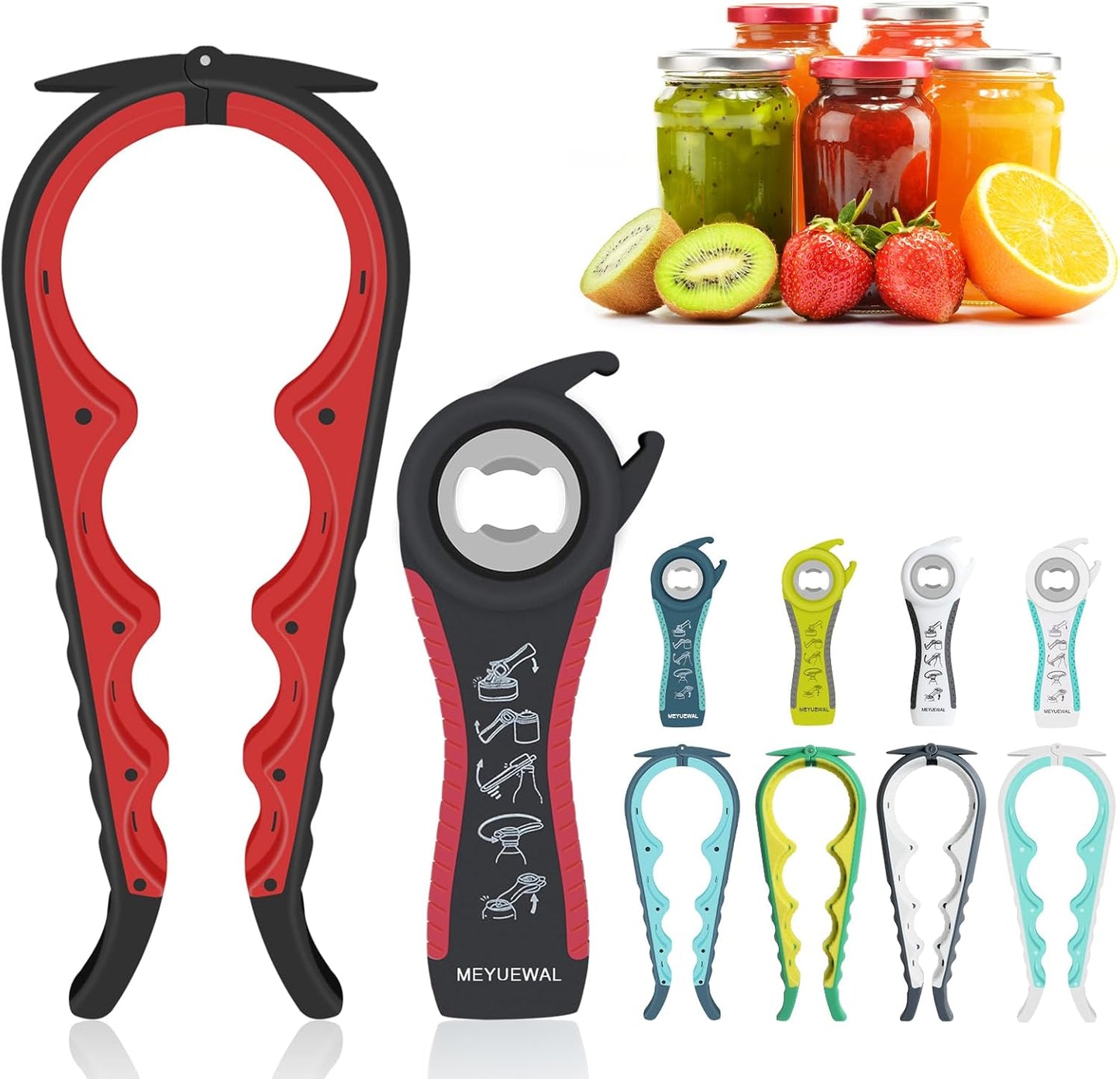 6 in 1 Lid Opener - Bottle, Jar, & Can Opener for Seniors with Arthritis or Weak Hands - Heavy Duty & Smooth Edge, Red
