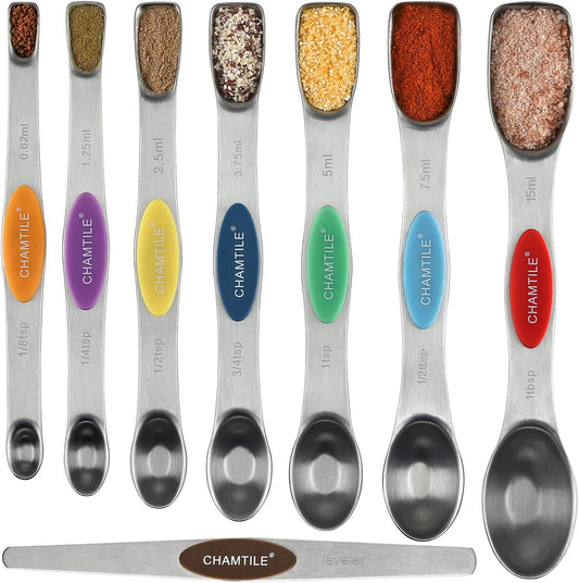 Magnetic Measuring Spoons Set 8 Dual Sided Stainless Steel Measuring Spoons | Long Handle Stackable Teaspoon Tablespoon for Measuring Dry and Liquid Ingredients