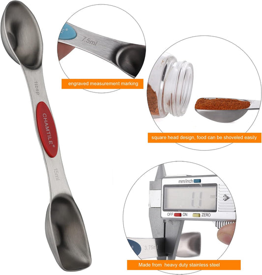 Magnetic Measuring Spoons Set 8 Dual Sided Stainless Steel Measuring Spoons | Long Handle Stackable Teaspoon Tablespoon for Measuring Dry and Liquid Ingredients