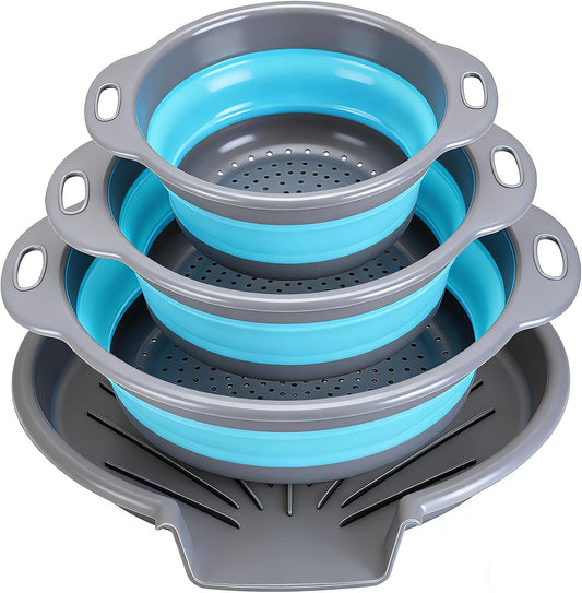 Collapsible Colander Set with Oversized Draining Tray | 3-Pack Foldable Kitchen Strainers + Base | Space Saving for Pasta, Veggies, Fruit & Rice | 5 Colors (Gray-Blue)